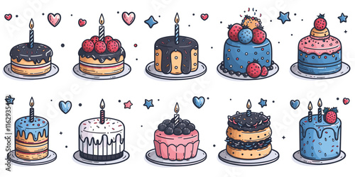 collection of artistic birthday cakes in various styles, featuring icing, candles, berries, and festive patterns,