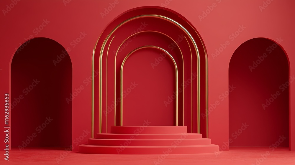 Fototapeta premium A minimalist red stage, podium with golden arches, designed for presentations or displays.