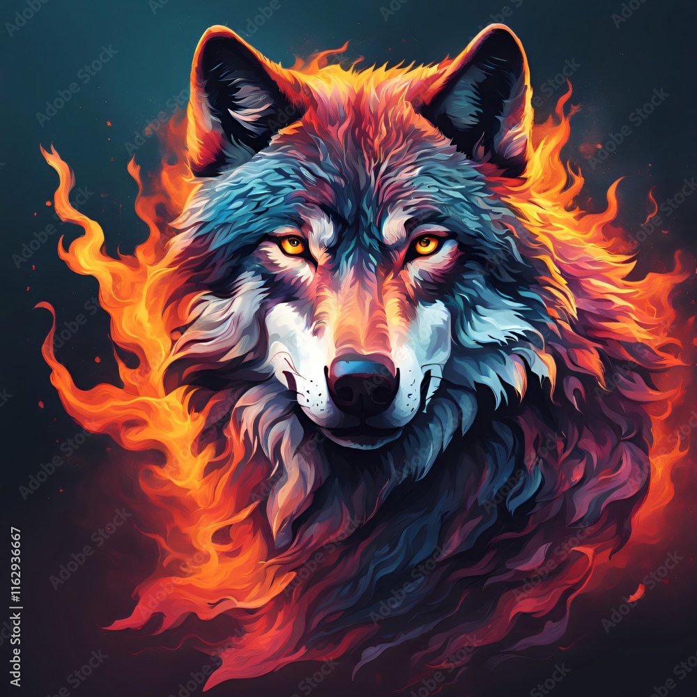 Fearless wolf, surrounded by a wave of fire and color. Fearless wolf, surrounded by a wave of fire and color.