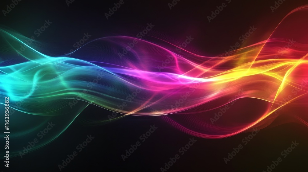 A vibrant wave of colorful light patterns flowing against a dark background. A vibrant wave of colorful light patterns flowing against a dark background.