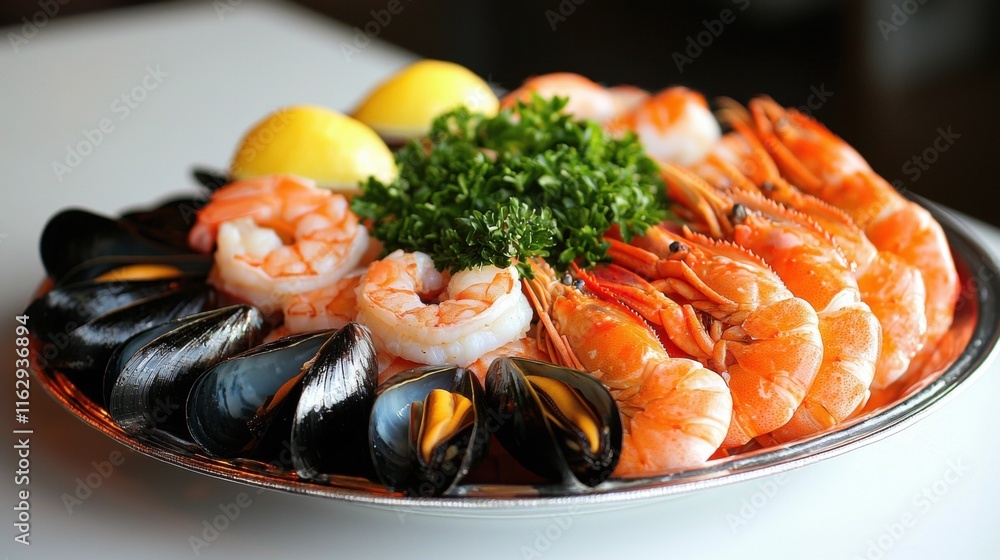 A plate of seafood with shrimp, mussels, and lemon wedges