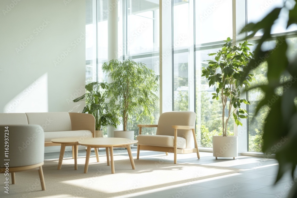 Fototapeta premium Sunlit Indoor Living Room with Lush Green Plants