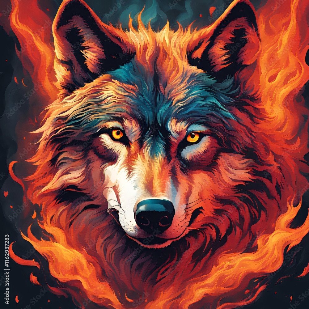 Naklejka premium Fearless wolf, surrounded by a wave of fire and color.