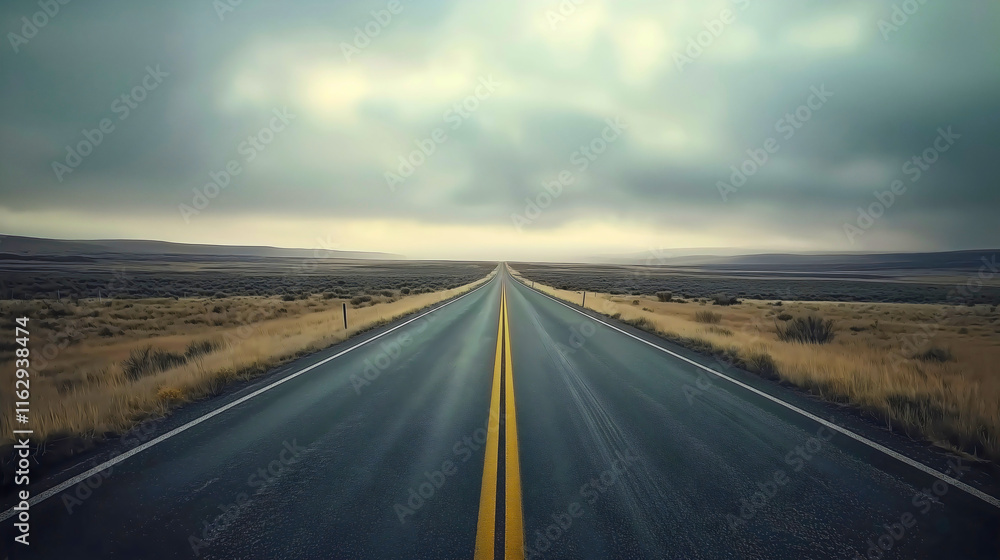 A road stretching through the desert plain, with thick white clouds forming above it, a road where trucks and other motor vehicles pass. A road stretching through the desert plain, with thick white clouds forming above it, a road where trucks and other motor vehicles pass.