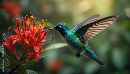 Blue hummingbird Violet Sabrewing flying next to beautiful red flower. Tinny bird fly in jungle. Wildlife in tropic Costa Rica. Two bird sucking nectar from bloom in the forest. Bird behaviour
 photo