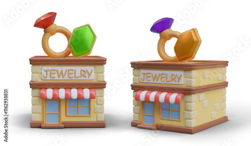 3D jewelry store in cartoon style, outside view. Set of buildings of different colors