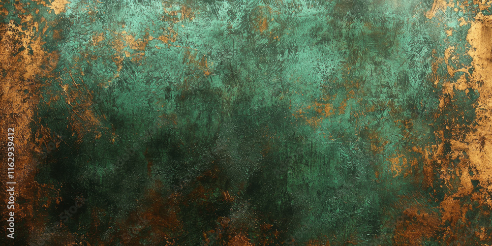 Abstract textured surface featuring a vibrant green background accented with irregular bronze patches, creating a striking contrast with a weathered, metallic effect Abstract textured surface featuring a vibrant green background accented with irregular bronze patches, creating a striking contrast with a weathered, metallic effect