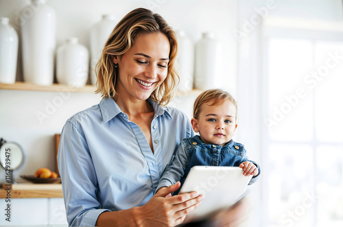 A woman is gently holding a baby while attentively looking at a tablet