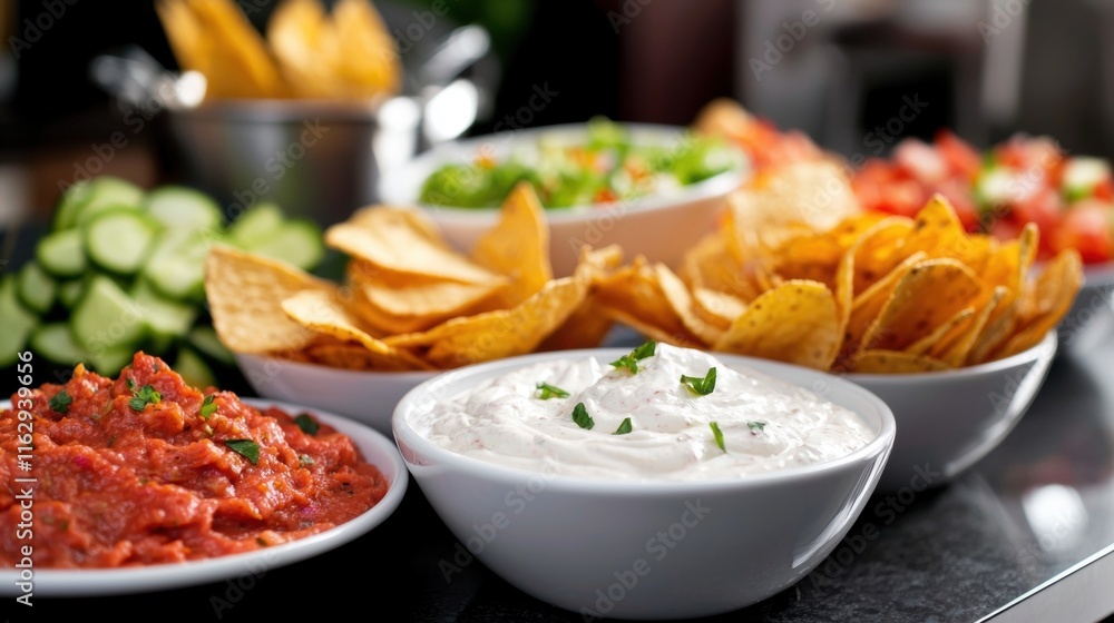 A table with several bowls of food, including chips, dip, and vegetables A table with several bowls of food, including chips, dip, and vegetables