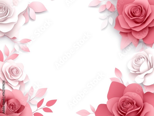 A decorative background featuring pink and white rose with leaves, suitable for invitations.