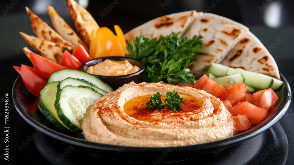 A plate of food with hummus, vegetables, and pita bread A plate of food with hummus, vegetables, and pita bread