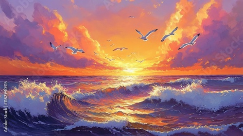 Vibrant sunset over ocean waves with seagulls in flight. (2)