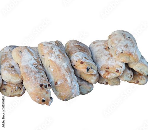 Delicious mini baguettes with raisins displayed on transparent background