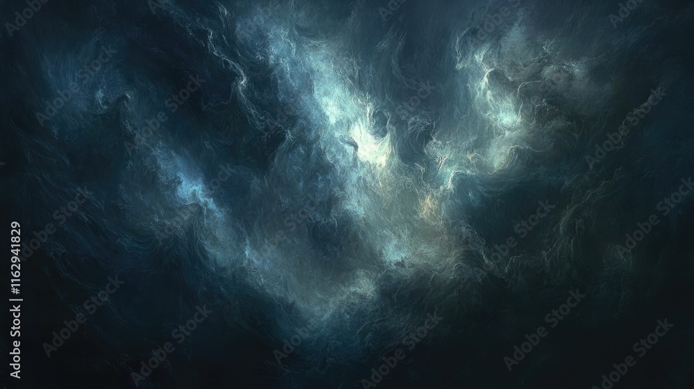 Fototapeta premium Dark, stormy cloudscape with swirling, illuminated patterns.