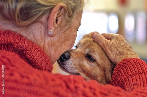 An elderly woman shares a tender moment with her golden dog, pressing their foreheads together in a display of affection within a warm and inviting space. photo