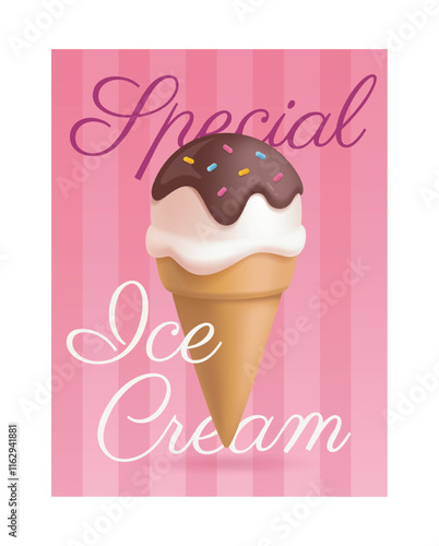 Soft 3D vector illustration of a vanilla ice cream cone with chocolate topping and colorful sprinkles on a pink striped background, ideal for dessert, food, and summer designs.