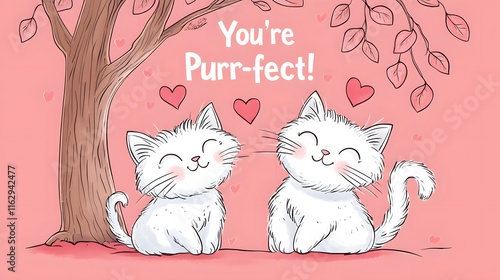 Cute cartoon cats expressing love with heart shapes in a pastel-colored setting