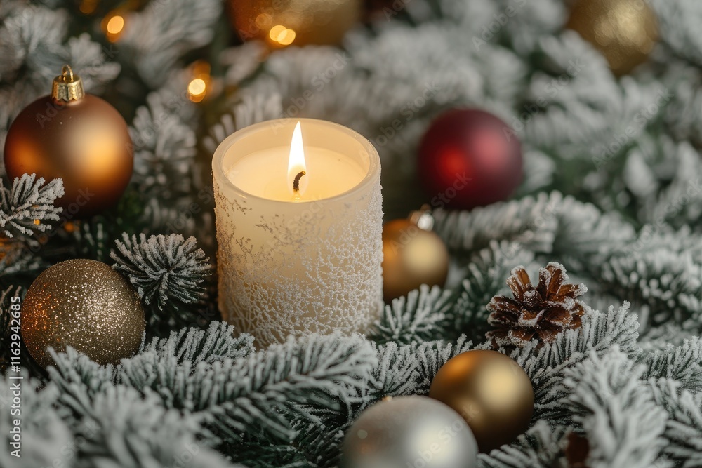 Lit candle nestled in snowy fir branches with Christmas ornaments. Lit candle nestled in snowy fir branches with Christmas ornaments.