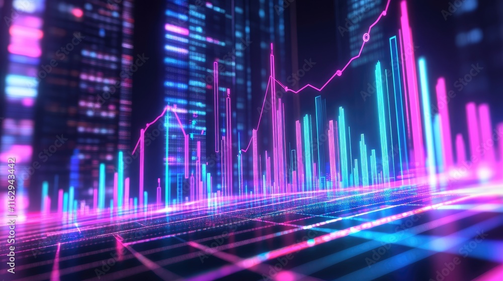 Abstract representation of data analytics with vibrant bars and a digital city backdrop. Abstract representation of data analytics with vibrant bars and a digital city backdrop.