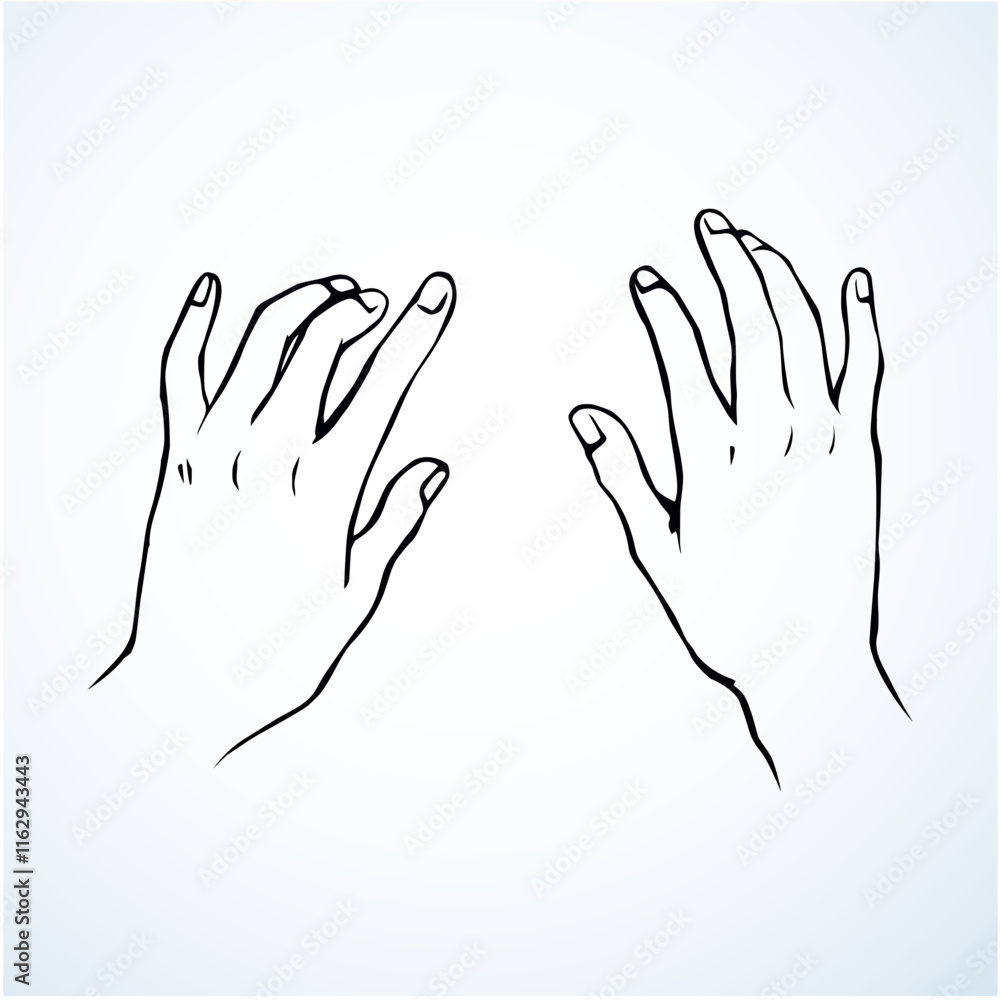 Obraz premium Young male physio masseur wrist on light back backdrop. Line logo pictogram. Outline black ink drawn girl worker use emblem in retro art doodle cartoon style on paper space for text. Closeup top view