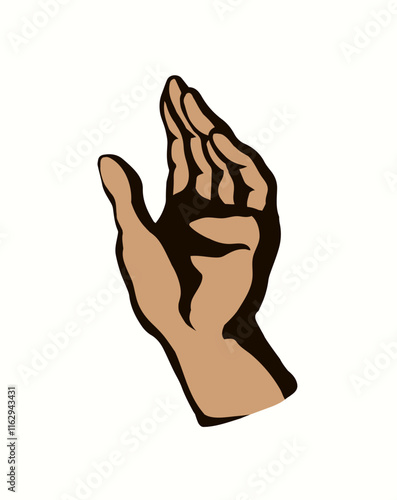 Outstretched handbreadth forearm on white backdrop. Freehand outline black ink drawn want logo pictogram emblem sketchy in retro art doodle cartoon style pen on paper space for text. Closeup side view