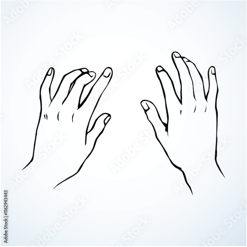 Young male physio masseur wrist on light back backdrop. Line logo pictogram. Outline black ink drawn girl worker use emblem in retro art doodle cartoon style on paper space for text. Closeup top view