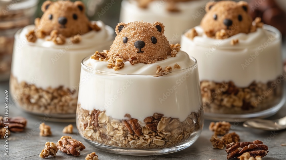 Cute groundhog themed desserts with yogurt and granola in glass. Cute groundhog themed desserts with yogurt and granola in glass.