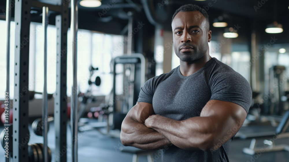 A determined man with a focused expression standing in a gym environment, with weightlifting bars and machines in the background A determined man with a focused expression standing in a gym environment, with weightlifting bars and machines in the background