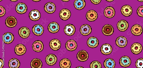 Greet happy party jew hannukah fast cafe meal isolated on dark violet backdrop. Tileable bright color hand drawn round hanukiah fat sweet sugar glaze frost soft cookie design art retro doodle cartoon  photo