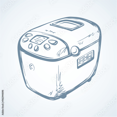 Modern metal mix cookery baker pot device on white space for text. Freehand outline black ink hand drawn healthy make toast bun loaf oven tool cup object logo in art doodle cartoon style. Closeup view