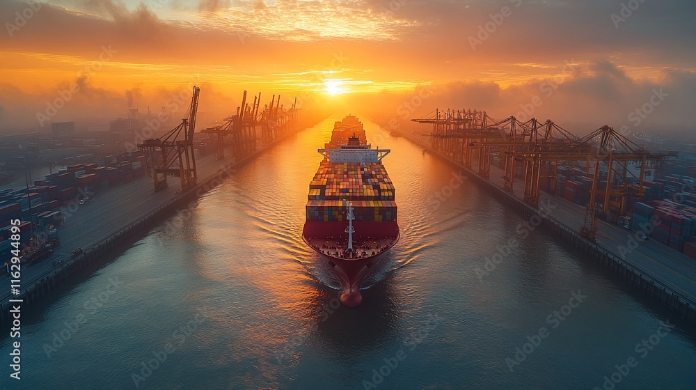 Container Ship Sailing Through Harbor at Sunset Container Ship Sailing Through Harbor at Sunset