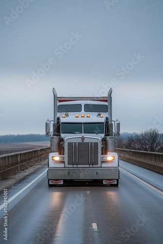 Truck for transportation of heavy cargo driving on an empty highway bridge on the background of nature photo