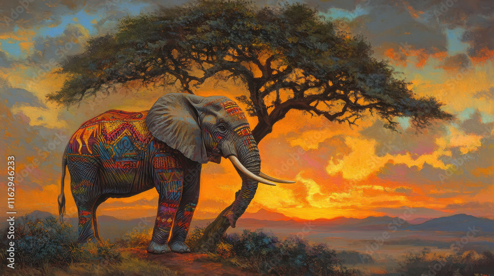 Fototapeta premium Elephant adorned with colorful patterns beneath an acacia tree: Black history month