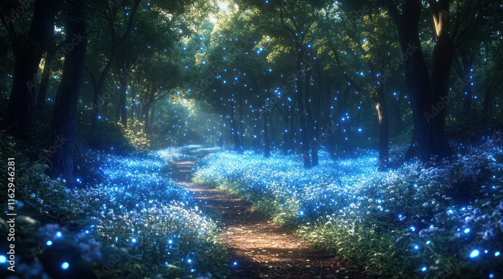 Magical forest path with glowing blue flowers and fireflies. Magical forest path with glowing blue flowers and fireflies.