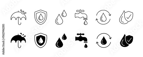 Waterproof vector line icon set. Included linear outline icons like Water Protection, liquid proof protection, shield with water drop, surface protection. 