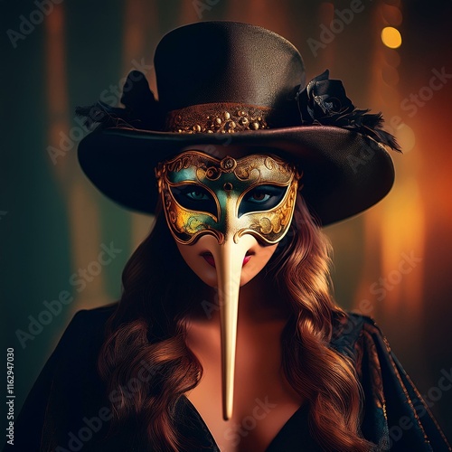 Woman wearing long nose mask, rigorously produced in Venice
 photo