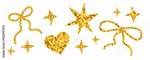 Golden decorative elements set. Bows, stars and heart with gold glitter texture for holiday design. Festive stickers, clip art with shiny sequin patterns. Vector illustration on transparent background