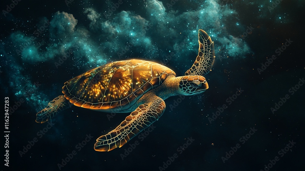 Obraz premium Cosmic sea turtle swimming in a nebula, glowing shell.