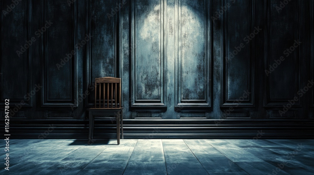 Empty chair in a dark, moody room with wood paneling and spotlight. Empty chair in a dark, moody room with wood paneling and spotlight.