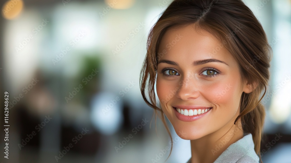 Smiling young woman in bright indoor setting with soft lighting Smiling young woman in bright indoor setting with soft lighting