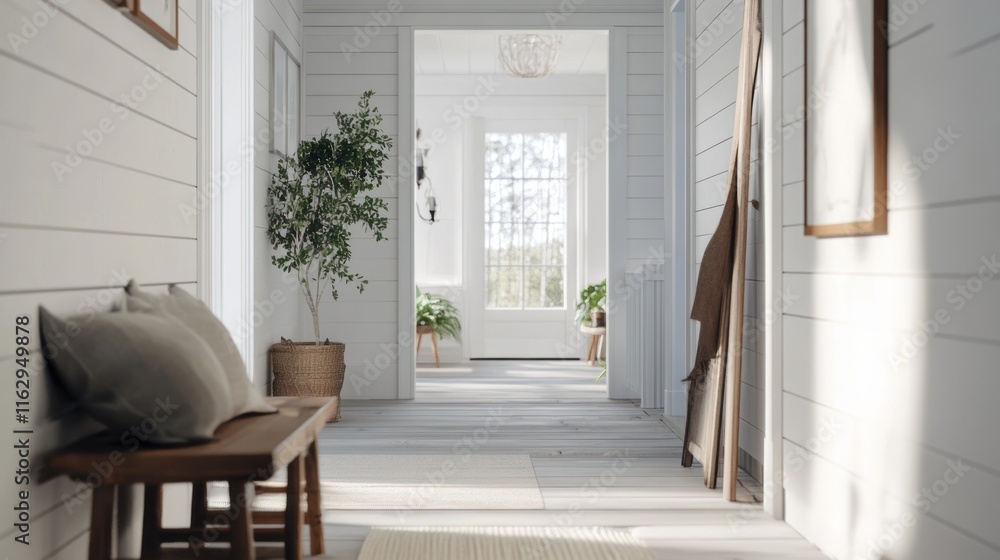 Serene White Hallway Interior Design: Sunlight Streaming Through Window, Rustic Wooden Bench with Pillows Serene White Hallway Interior Design: Sunlight Streaming Through Window, Rustic Wooden Bench with Pillows