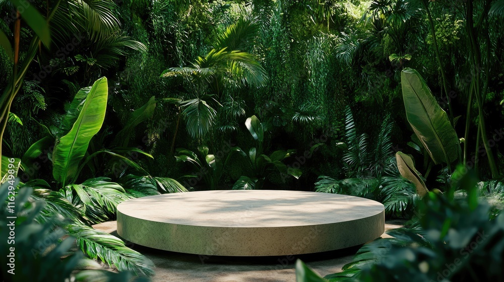 A circular platform surrounded by lush greenery in a tropical setting. A circular platform surrounded by lush greenery in a tropical setting.