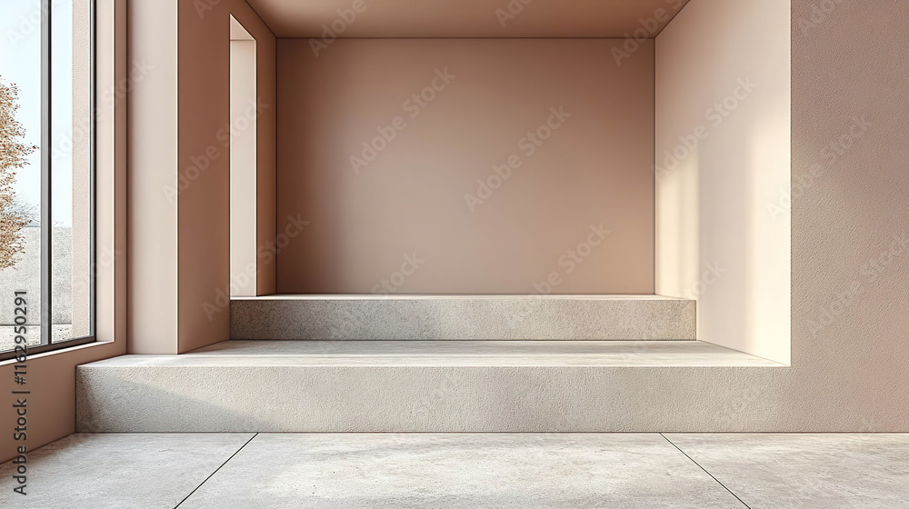 Fototapeta premium Minimalist interior space with neutral tones and natural light streaming through a window, projecting serenity. Generated with AI.