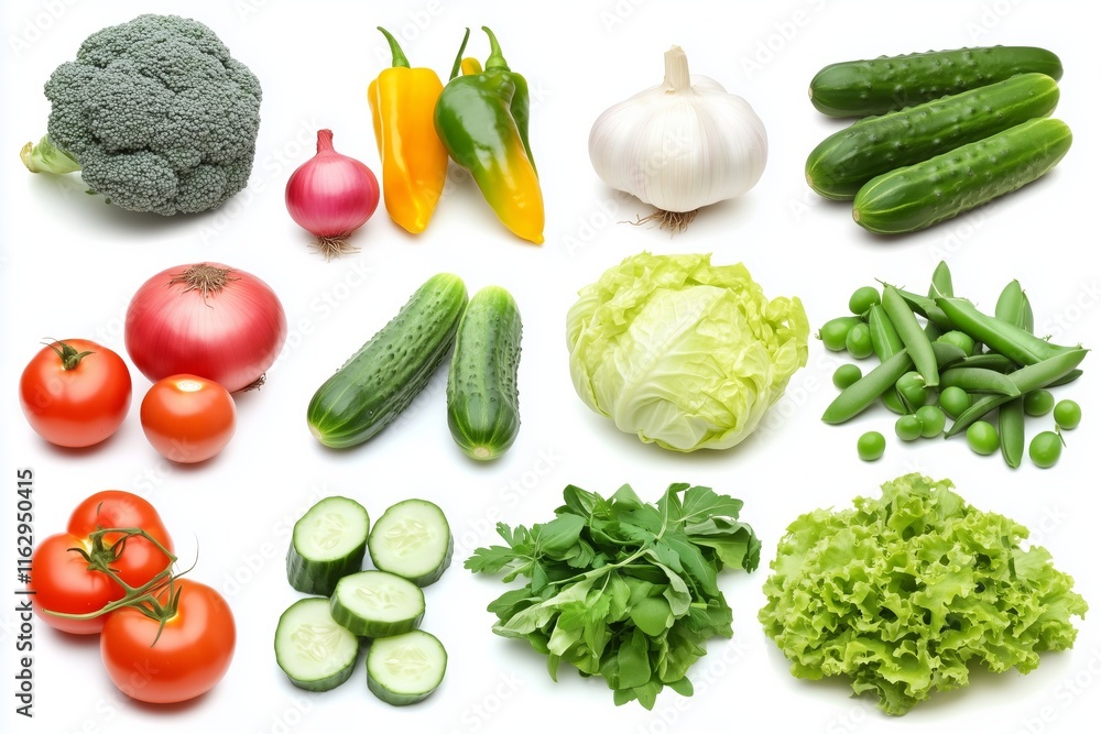Creative layout made of summer vegetables. Food concept. Tomatoes, onion, cucumber, green peas, garlic, cabbage, chilly pepper, yellow pepper, salad leaves and radish on white background Creative layout made of summer vegetables. Food concept. Tomatoes, onion, cucumber, green peas, garlic, cabbage, chilly pepper, yellow pepper, salad leaves and radish on white background