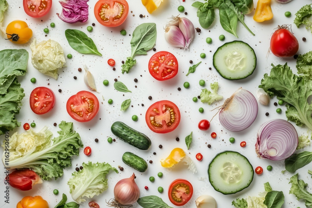 Creative layout made of summer vegetables. Food concept. Tomatoes, onion, cucumber, green peas, garlic, cabbage, chilly pepper, yellow pepper, salad leaves and radish on white background Creative layout made of summer vegetables. Food concept. Tomatoes, onion, cucumber, green peas, garlic, cabbage, chilly pepper, yellow pepper, salad leaves and radish on white background
