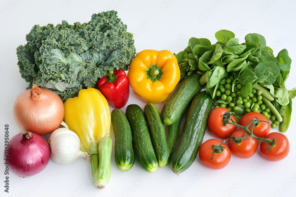 Creative layout made of summer vegetables. Food concept. Tomatoes, onion, cucumber, green peas, garlic, cabbage, chilly pepper, yellow pepper, salad leaves and radish on white background Creative layout made of summer vegetables. Food concept. Tomatoes, onion, cucumber, green peas, garlic, cabbage, chilly pepper, yellow pepper, salad leaves and radish on white background