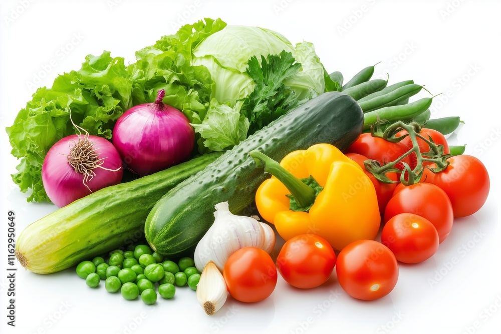 Creative layout made of summer vegetables. Food concept. Tomatoes, onion, cucumber, green peas, garlic, cabbage, chilly pepper, yellow pepper, salad leaves and radish on white background Creative layout made of summer vegetables. Food concept. Tomatoes, onion, cucumber, green peas, garlic, cabbage, chilly pepper, yellow pepper, salad leaves and radish on white background