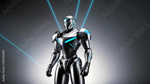 Futuristic Humanoid Robot with Sleek Metallic Design and Neon Blue Accents in a High-Tech Environment

 photo