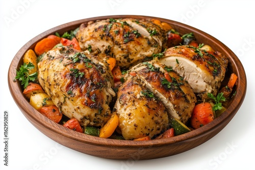 Delicious baked or broiled, juicy moist Thanksgiving turkey dinner on serving platter with vegetables. Before being carved. Pretty presentation full view Isolated on white background. photo