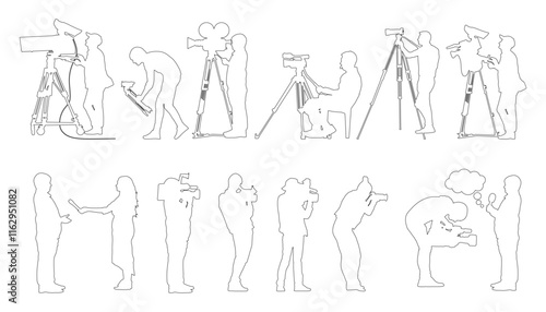 Contour of people with professional video cameras and photo cameras. Set. Vector illustration.